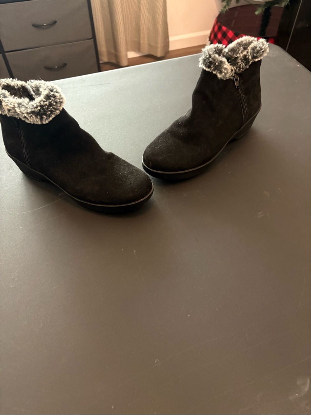 Basic Editions Black Faux-Suede Ankle Booties with Gray Faux-Fur Cuff